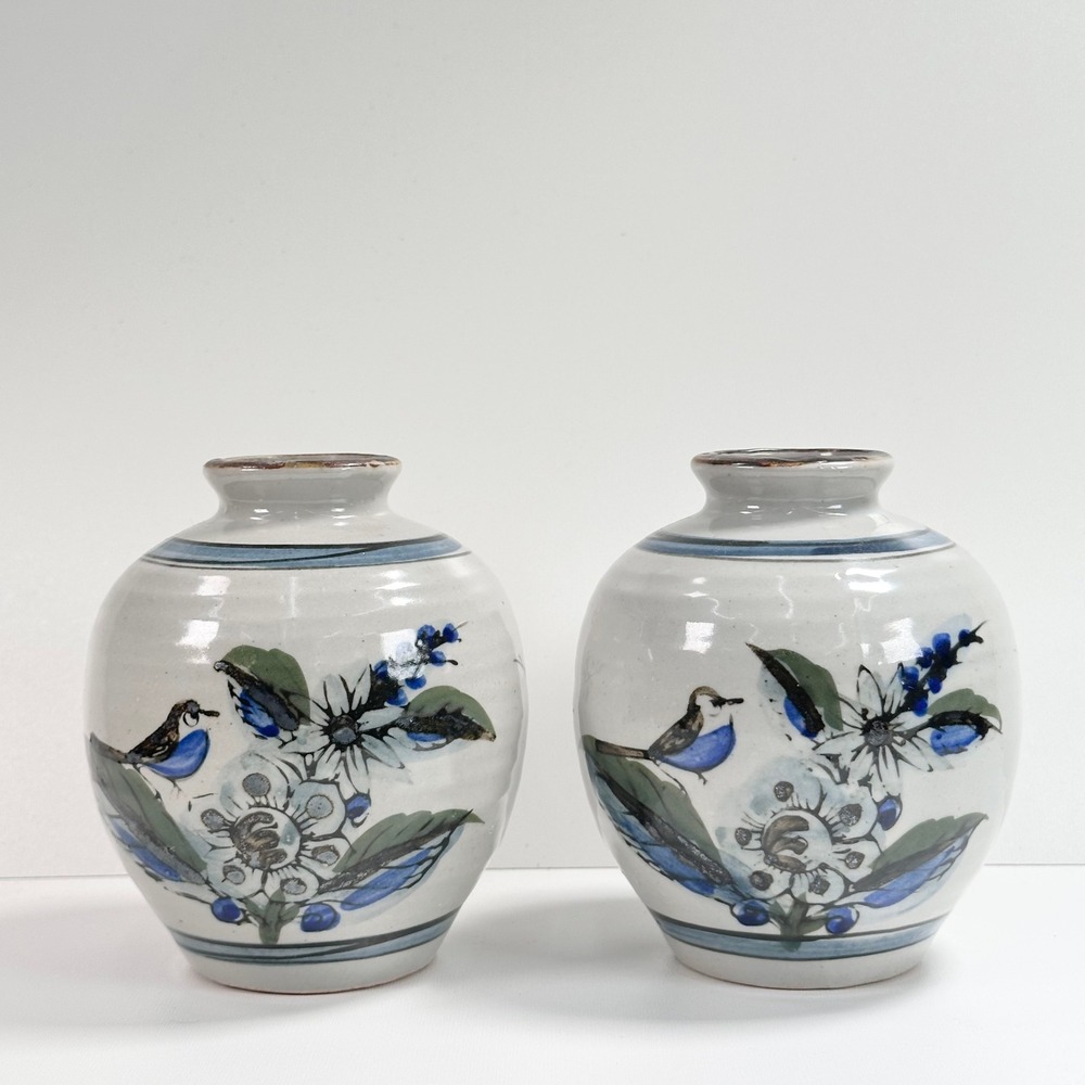 Vintage Tonala Pottery Bud Vase Set 2 Ken Edwards Mexican Folk Art Floral Birds